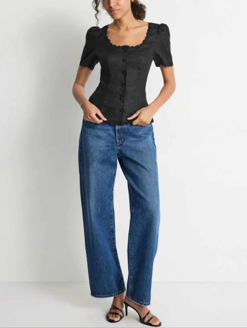 Reformation Anabella Black Linen Blouse Milkmaid Lace Parisian